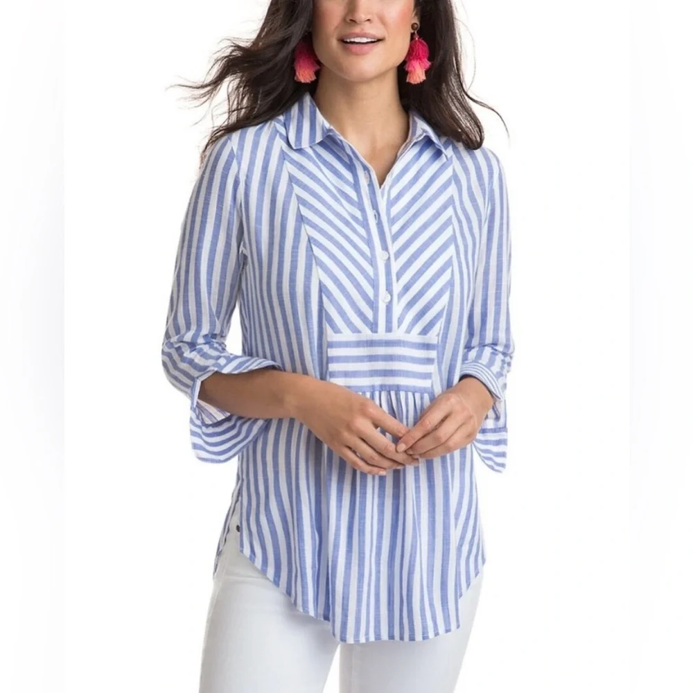 Vineyard Vines blue white striped blouse 3/4 sleeve tunic top preppy medium - Picture 2 of 8